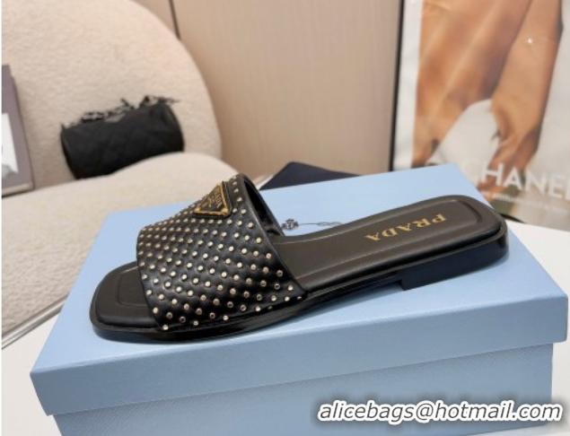 Charming Prada Nappa leather flat slides sandal with studs Black 2025 1XX760