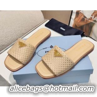 Discount Prada Nappa leather flat slides sandal with studs Beige 2025 1XX760