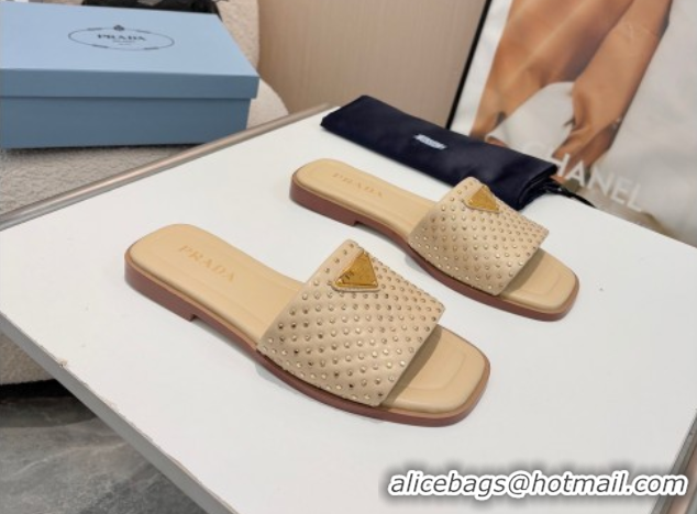 Discount Prada Nappa leather flat slides sandal with studs Beige 2025 1XX760
