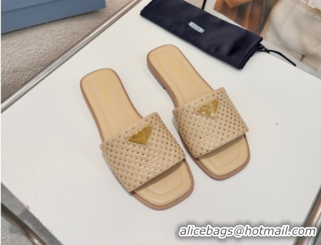Discount Prada Nappa leather flat slides sandal with studs Beige 2025 1XX760