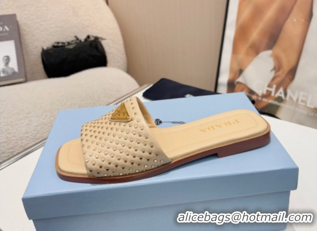 Discount Prada Nappa leather flat slides sandal with studs Beige 2025 1XX760