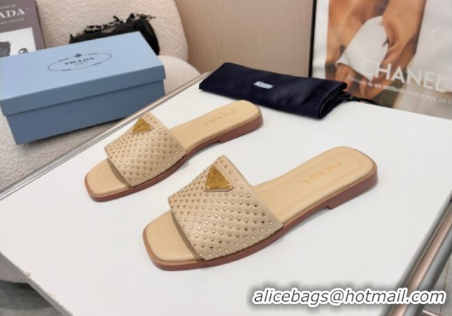Discount Prada Nappa leather flat slides sandal with studs Beige 2025 1XX760