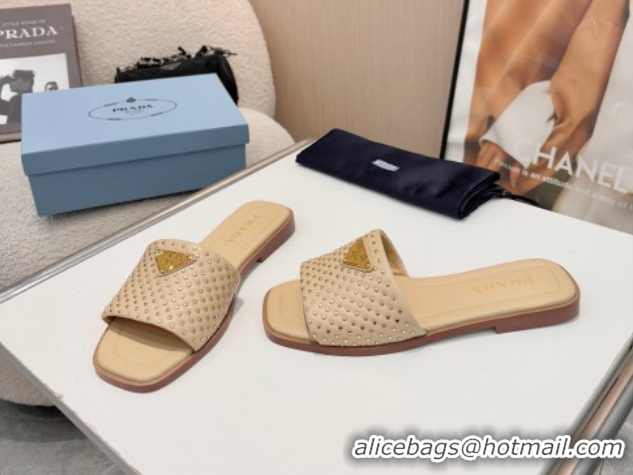 Discount Prada Nappa leather flat slides sandal with studs Beige 2025 1XX760