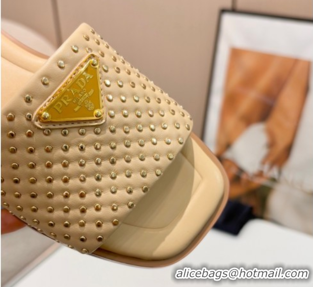 Discount Prada Nappa leather flat slides sandal with studs Beige 2025 1XX760