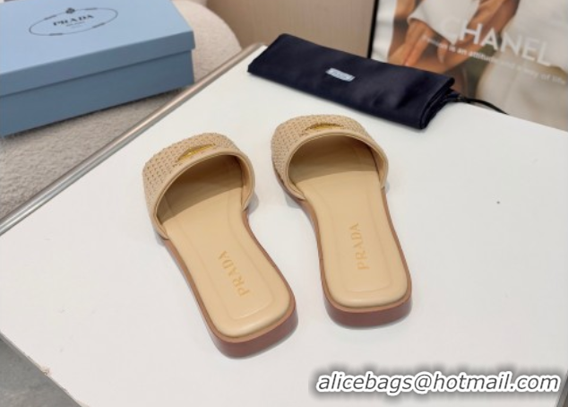 Discount Prada Nappa leather flat slides sandal with studs Beige 2025 1XX760