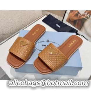 Top Design Prada Nappa leather flat slides sandal with studs Brown 2025 1XX760