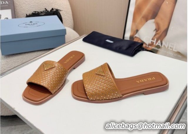 Top Design Prada Nappa leather flat slides sandal with studs Brown 2025 1XX760