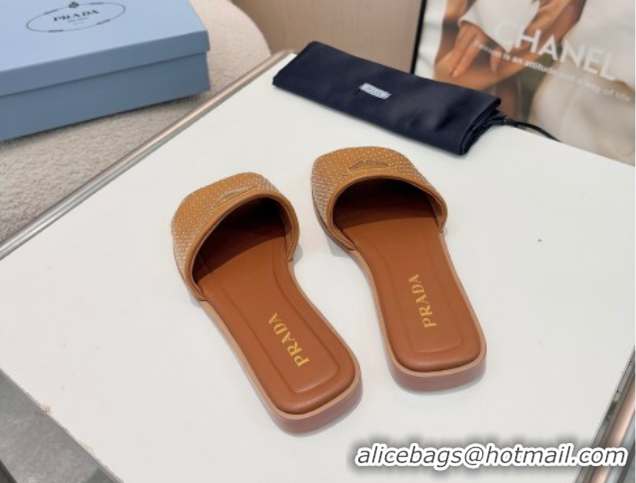 Top Design Prada Nappa leather flat slides sandal with studs Brown 2025 1XX760