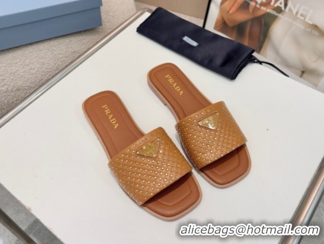Top Design Prada Nappa leather flat slides sandal with studs Brown 2025 1XX760