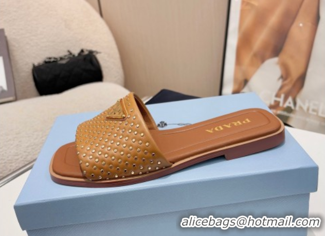 Top Design Prada Nappa leather flat slides sandal with studs Brown 2025 1XX760