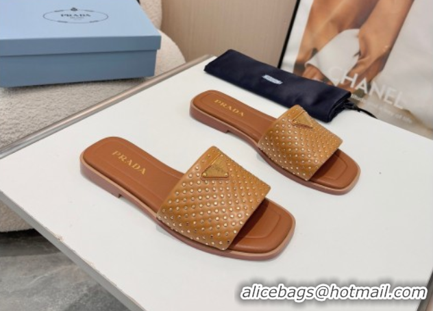 Top Design Prada Nappa leather flat slides sandal with studs Brown 2025 1XX760