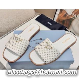 Shop Duplicate Prada Nappa leather flat slides sandal with studs White 2025 1XX760