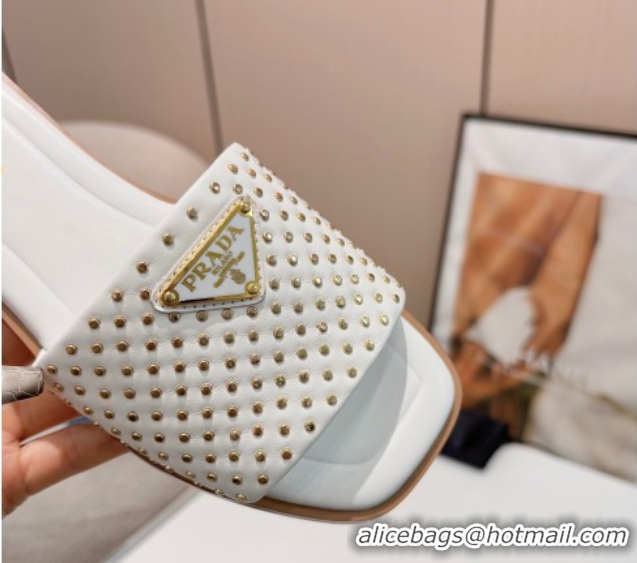 Shop Duplicate Prada Nappa leather flat slides sandal with studs White 2025 1XX760