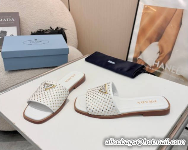 Shop Duplicate Prada Nappa leather flat slides sandal with studs White 2025 1XX760