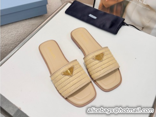 Charming Prada Leather flat slides sandal with crochet details Beige 2025 1XX758