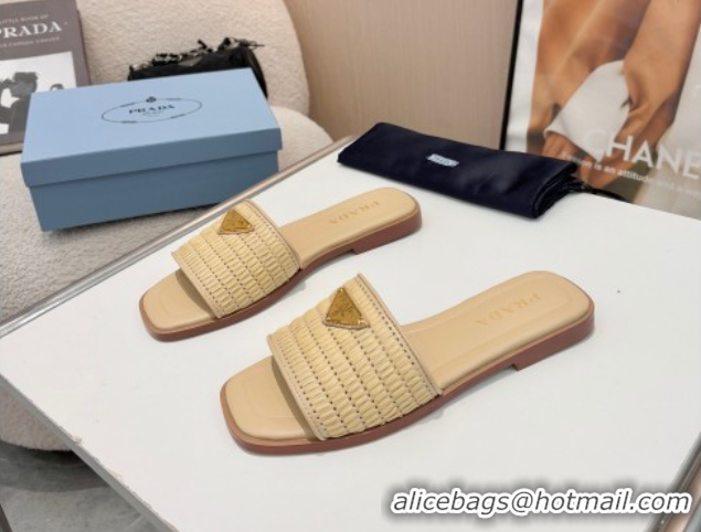 Charming Prada Leather flat slides sandal with crochet details Beige 2025 1XX758