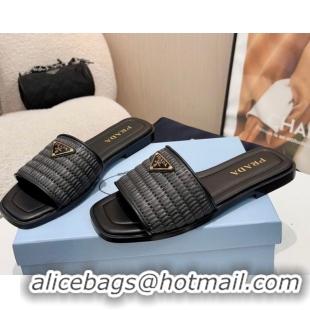 Cheap Prada Leather flat slides sandal with crochet details Black 2025 1XX758