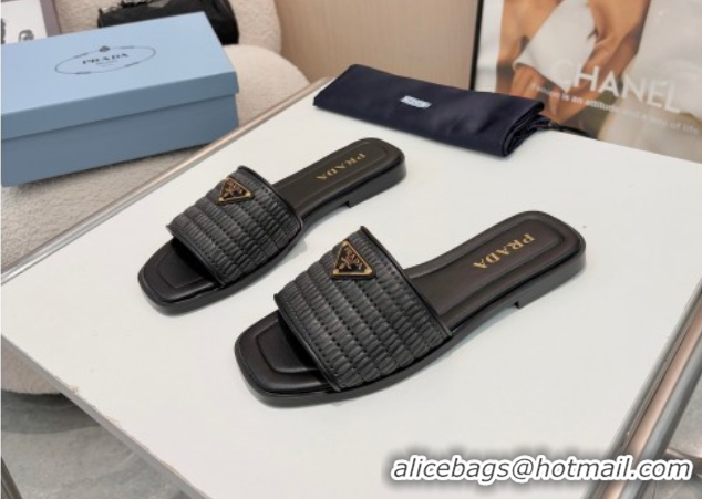 Cheap Prada Leather flat slides sandal with crochet details Black 2025 1XX758