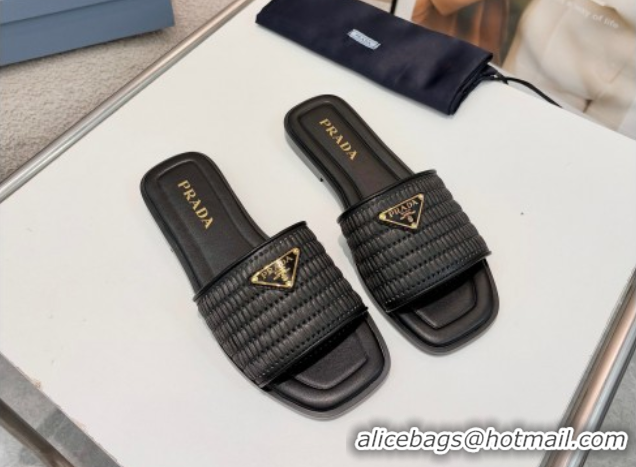 Cheap Prada Leather flat slides sandal with crochet details Black 2025 1XX758