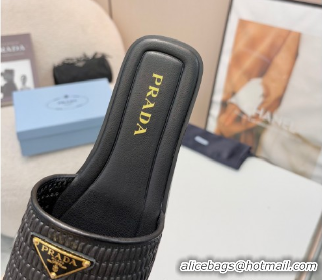 Cheap Prada Leather flat slides sandal with crochet details Black 2025 1XX758