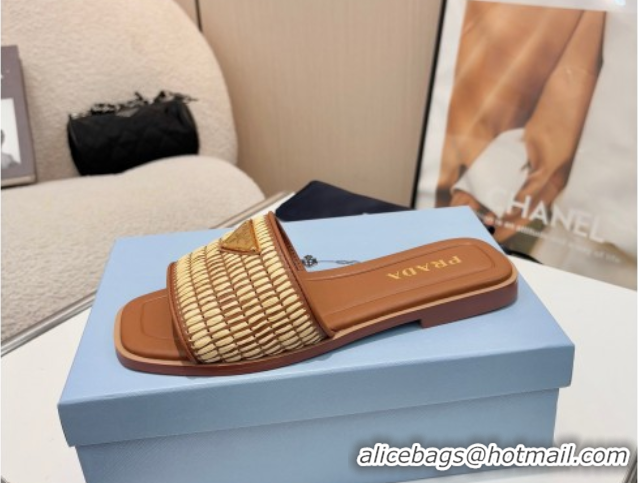 Best Prada Leather flat slides sandal with crochet details Brown 2025 1XX758