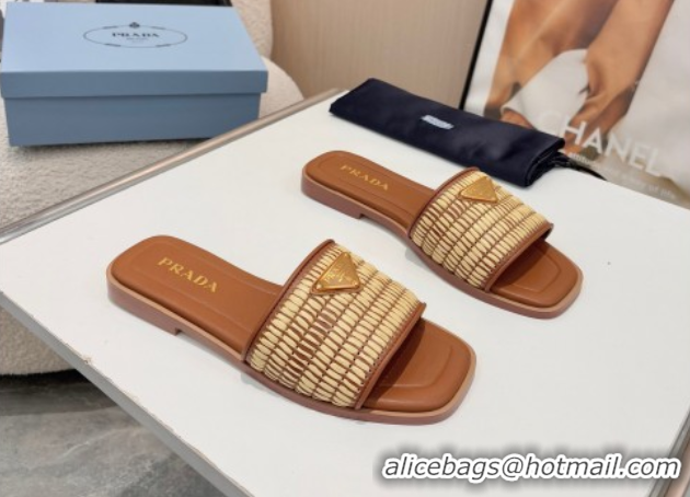 Best Prada Leather flat slides sandal with crochet details Brown 2025 1XX758