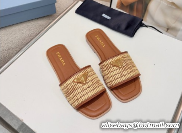 Best Prada Leather flat slides sandal with crochet details Brown 2025 1XX758