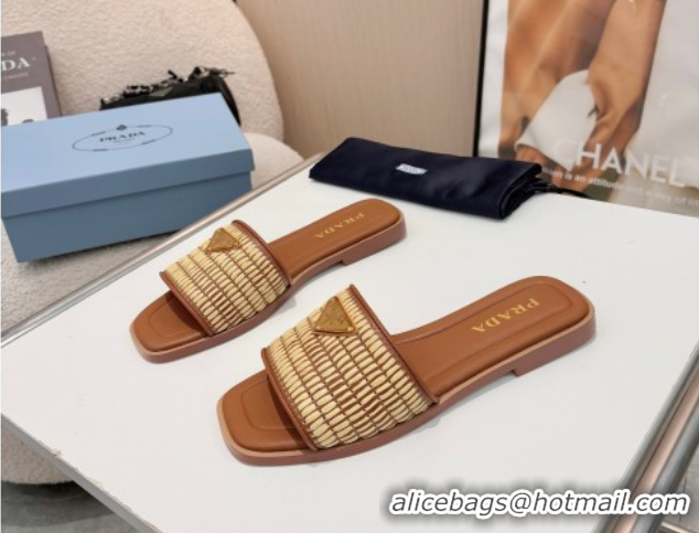 Best Prada Leather flat slides sandal with crochet details Brown 2025 1XX758