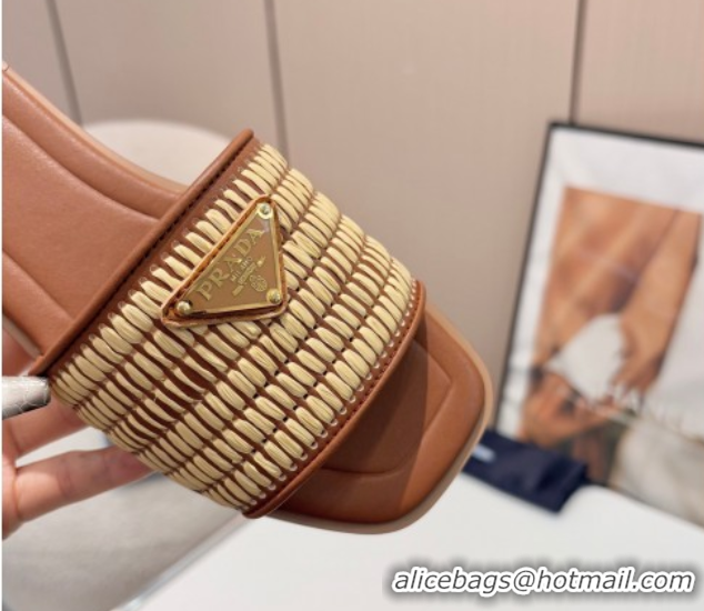 Best Prada Leather flat slides sandal with crochet details Brown 2025 1XX758