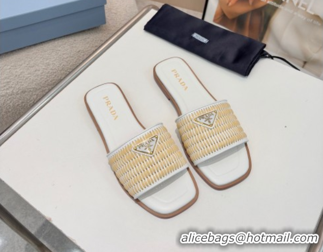 Popular Style Prada Leather flat slides sandal with crochet details White 2025 1XX758