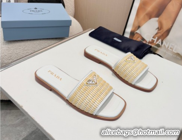 Popular Style Prada Leather flat slides sandal with crochet details White 2025 1XX758