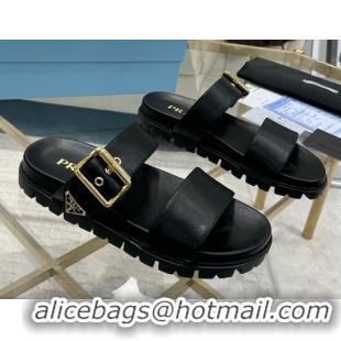 1:1 aaaaa Prada Leather flat slides sandal with buckle Black 2025 1XX715