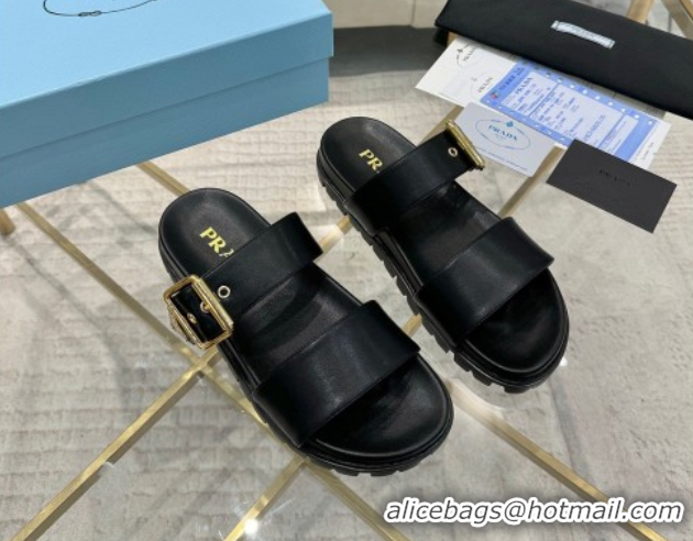 1:1 aaaaa Prada Leather flat slides sandal with buckle Black 2025 1XX715