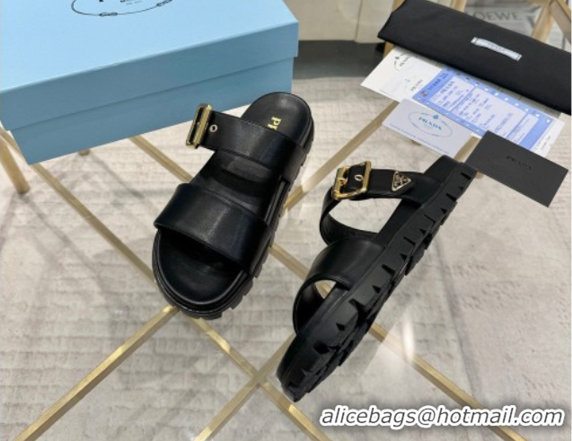 1:1 aaaaa Prada Leather flat slides sandal with buckle Black 2025 1XX715