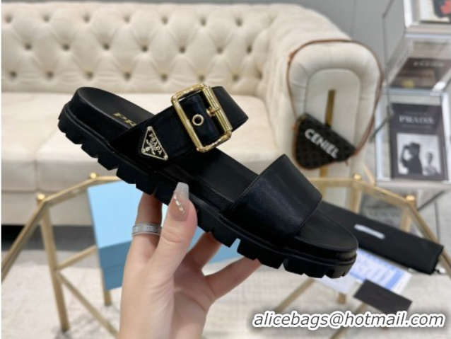 1:1 aaaaa Prada Leather flat slides sandal with buckle Black 2025 1XX715