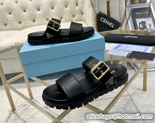 1:1 aaaaa Prada Leather flat slides sandal with buckle Black 2025 1XX715