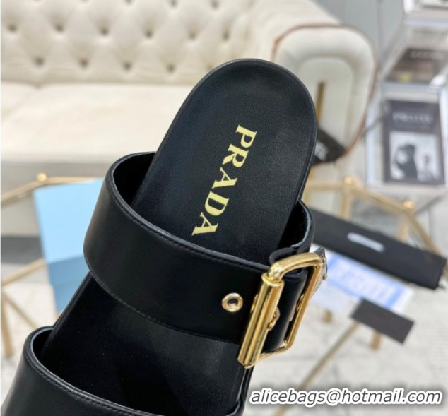 1:1 aaaaa Prada Leather flat slides sandal with buckle Black 2025 1XX715