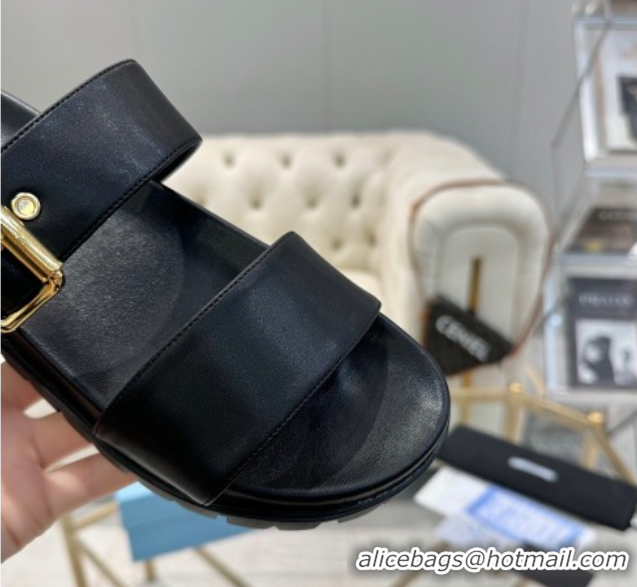 1:1 aaaaa Prada Leather flat slides sandal with buckle Black 2025 1XX715