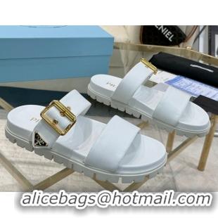 Trendy Design Prada Leather flat slides sandal with buckle White 2025 1XX715