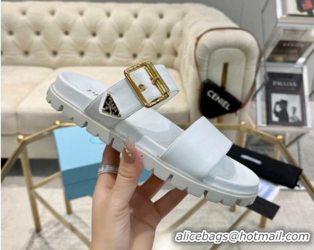 Trendy Design Prada Leather flat slides sandal with buckle White 2025 1XX715