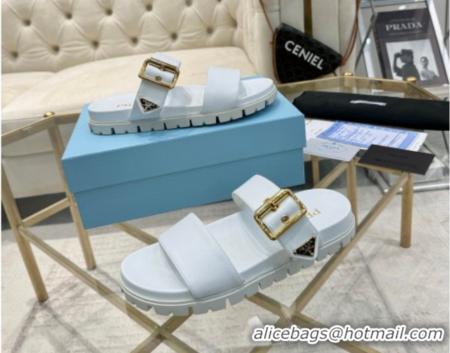 Trendy Design Prada Leather flat slides sandal with buckle White 2025 1XX715