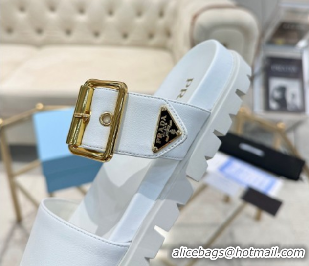 Trendy Design Prada Leather flat slides sandal with buckle White 2025 1XX715