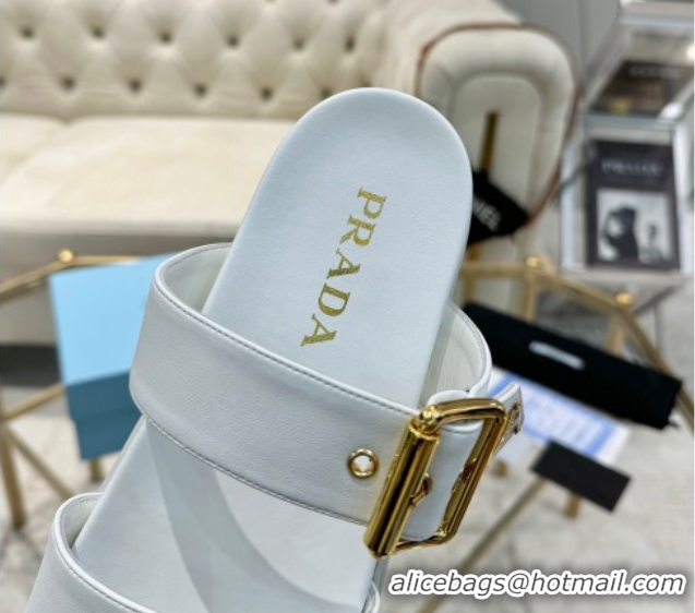 Trendy Design Prada Leather flat slides sandal with buckle White 2025 1XX715