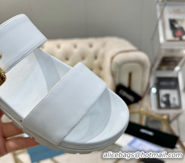 Trendy Design Prada Leather flat slides sandal with buckle White 2025 1XX715