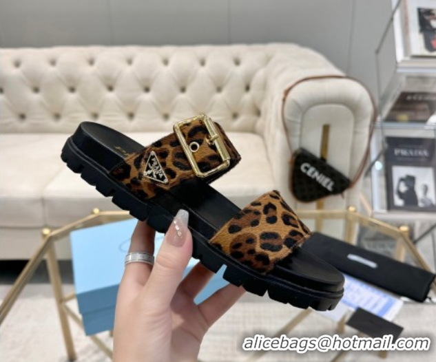 Best Price Prada Printed Leather flat slides sandal with buckle Honey 2025 1XX715