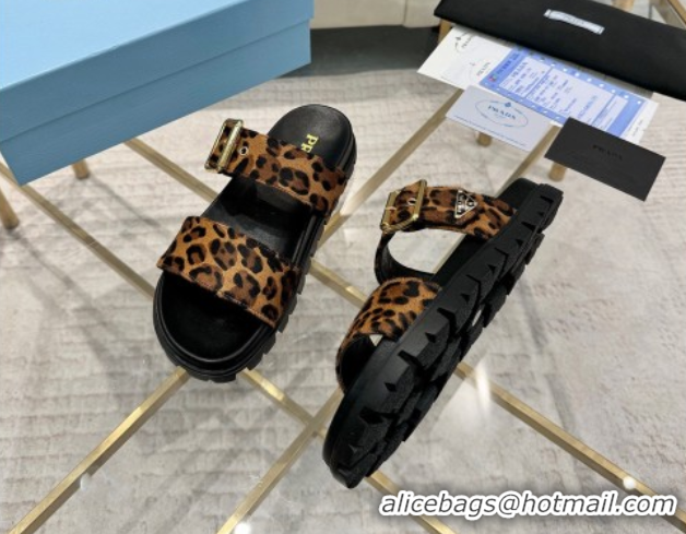 Best Price Prada Printed Leather flat slides sandal with buckle Honey 2025 1XX715