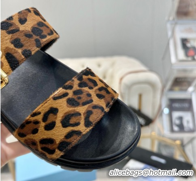 Best Price Prada Printed Leather flat slides sandal with buckle Honey 2025 1XX715