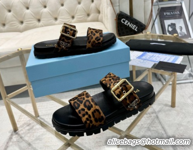 Best Price Prada Printed Leather flat slides sandal with buckle Honey 2025 1XX715