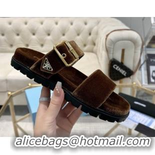Low Price Prada Velvet flat slides sandal with buckle Brown 2025 1XX715