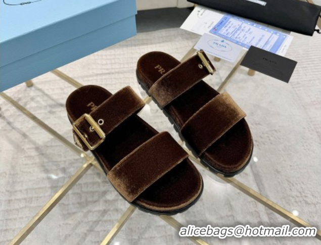 Low Price Prada Velvet flat slides sandal with buckle Brown 2025 1XX715